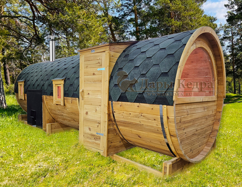 Баня-бочка «Орео» с боковым входом и панорамным окном